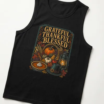 Vintage Thanksgiving T-shirt with 'Grateful Thankful Blessed' text and harvest illustration — printed on a tank top