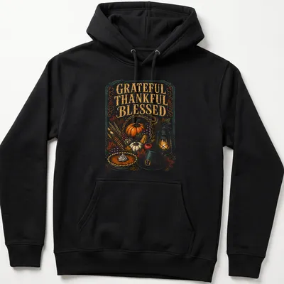 Vintage Thanksgiving T-shirt with 'Grateful Thankful Blessed' text and harvest illustration — printed on a unisex hoodie