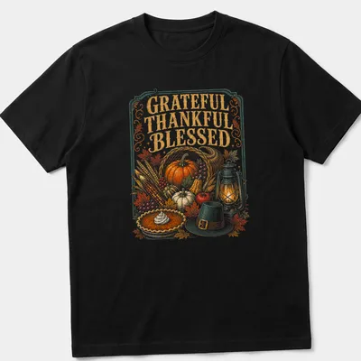 Vintage Thanksgiving T-shirt with 'Grateful Thankful Blessed' text and harvest illustration — printed on a unisex t-shirt