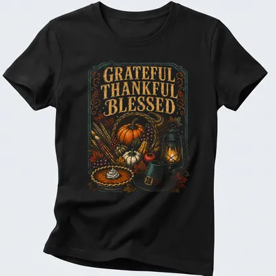 Vintage Thanksgiving T-shirt with 'Grateful Thankful Blessed' text and harvest illustration — printed on a women's shirt