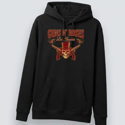 Vintage rock Guns N' Roses t-shirt featuring skull with top hat and pistols — printed on a unisex hoodie