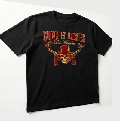Vintage rock Guns N' Roses t-shirt featuring skull with top hat and pistols — printed on a unisex t-shirt (angled view)