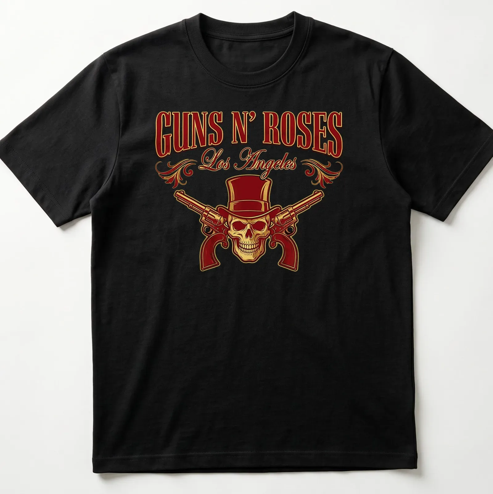 Vintage rock Guns N' Roses t-shirt featuring skull with top hat and pistols — printed on a unisex t-shirt