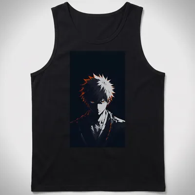 Anime warrior with orange eyes in a dark portrait style — printed on a tank top
