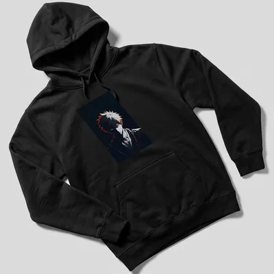 Anime warrior with orange eyes in a dark portrait style — printed on a unisex hoodie