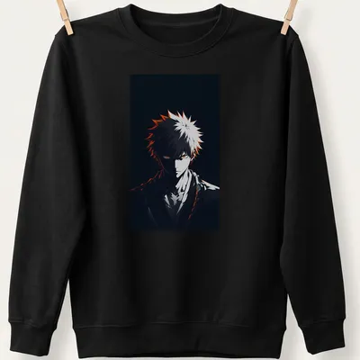 Anime warrior with orange eyes in a dark portrait style — printed on a unisex sweatshirt