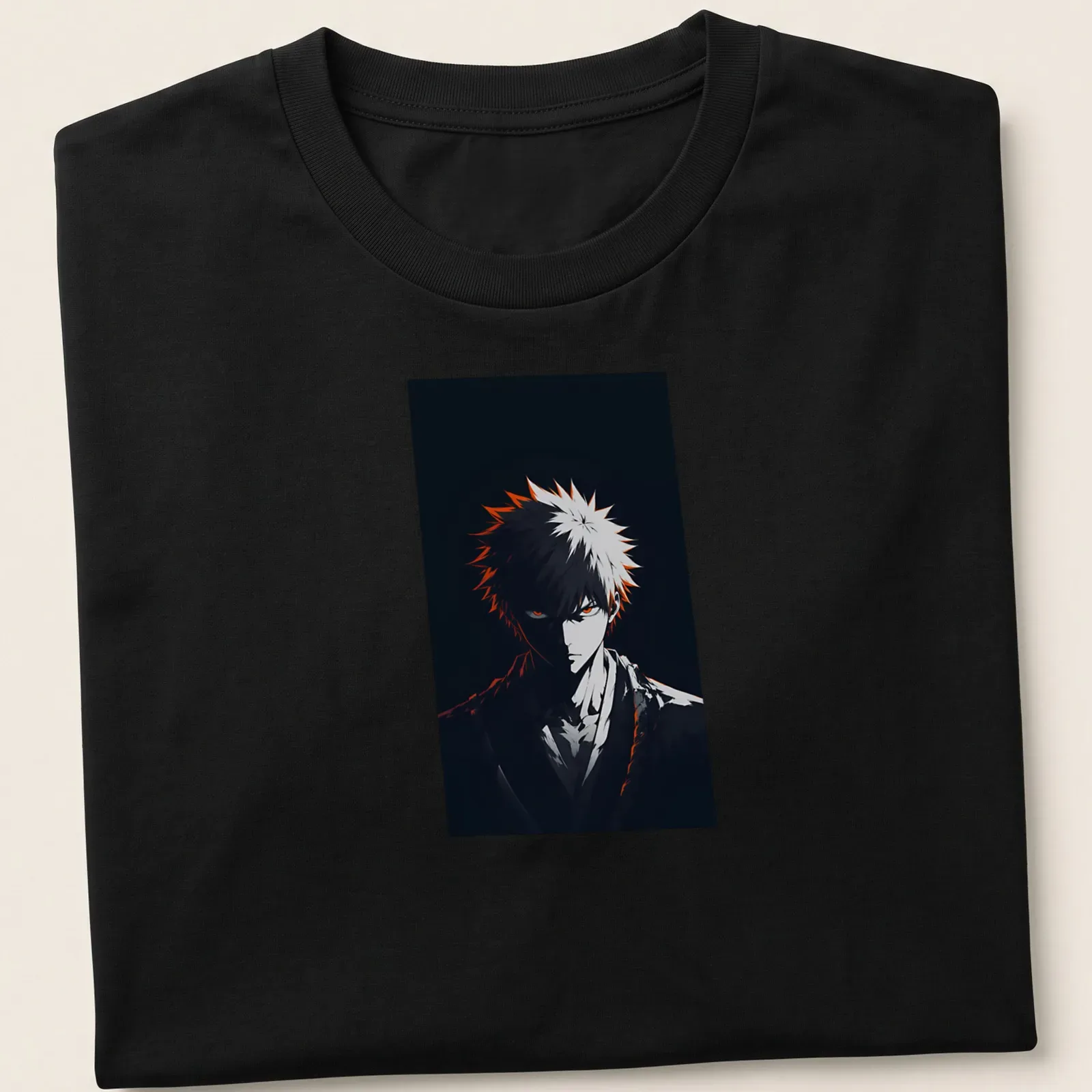 Anime warrior with orange eyes in a dark portrait style — printed on a unisex t-shirt