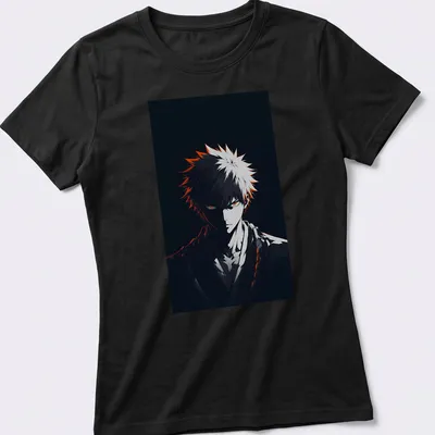 Anime warrior with orange eyes in a dark portrait style — printed on a women's shirt