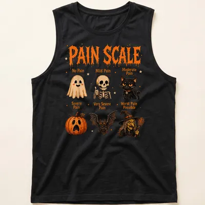 Colorful Halloween design featuring a pain scale with ghosts, a cat, and pumpkins. — printed on a tank top