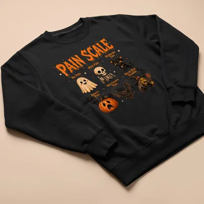 Colorful Halloween design featuring a pain scale with ghosts, a cat, and pumpkins. — printed on a unisex sweatshirt