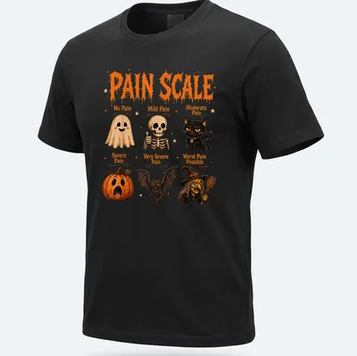 Colorful Halloween design featuring a pain scale with ghosts, a cat, and pumpkins.