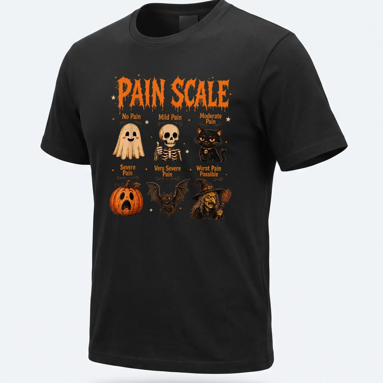 Colorful Halloween design featuring a pain scale with ghosts, a cat, and pumpkins. — printed on a unisex t-shirt