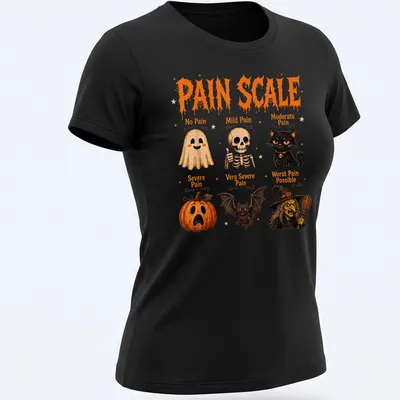 Colorful Halloween design featuring a pain scale with ghosts, a cat, and pumpkins. — printed on a women's shirt