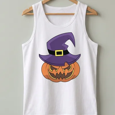Cartoon pumpkin wearing a witch hat in orange and purple for Halloween — printed on a tank top