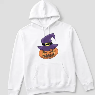 Cartoon pumpkin wearing a witch hat in orange and purple for Halloween — printed on a unisex hoodie