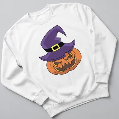 Cartoon pumpkin wearing a witch hat in orange and purple for Halloween — printed on a unisex sweatshirt