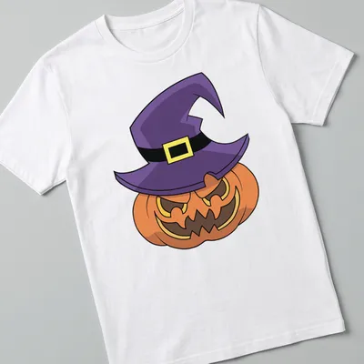 Cartoon pumpkin wearing a witch hat in orange and purple for Halloween