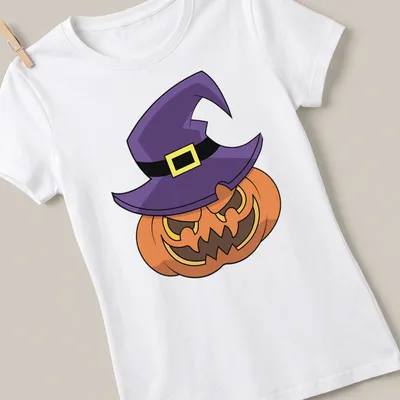 Cartoon pumpkin wearing a witch hat in orange and purple for Halloween — printed on a women's shirt