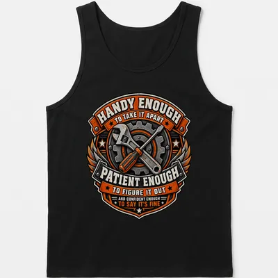Vintage badge style shirt with wrench and screwdriver design and humorous text — printed on a tank top