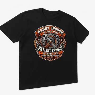 Vintage badge style shirt with wrench and screwdriver design and humorous text — printed on a unisex t-shirt (angled view)