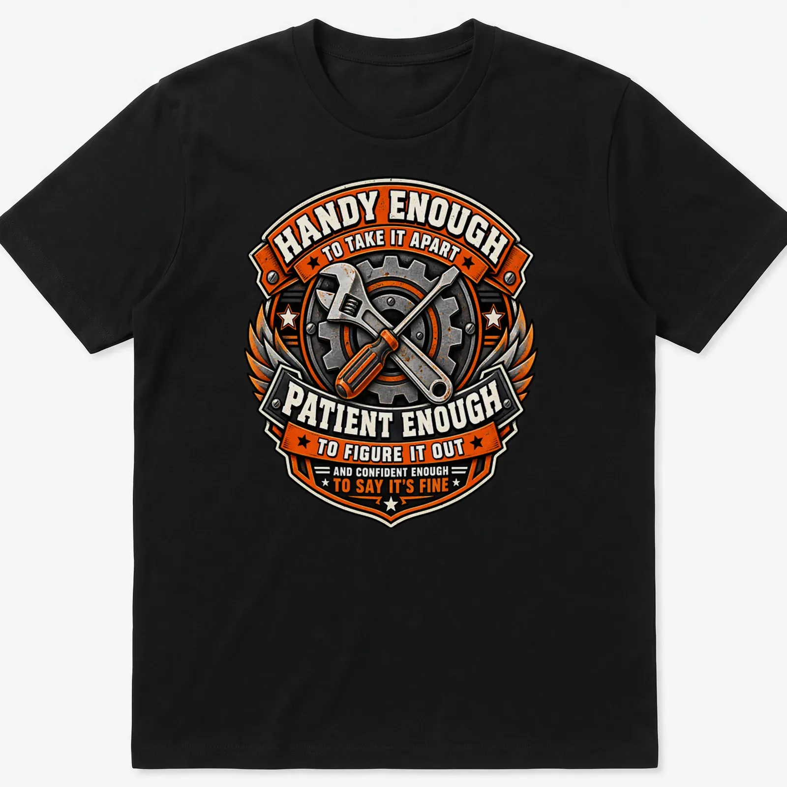 Vintage badge style shirt with wrench and screwdriver design and humorous text — printed on a unisex t-shirt