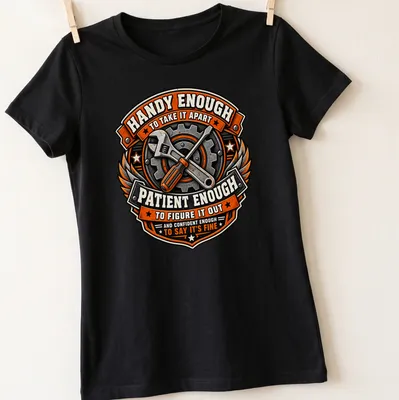 Vintage badge style shirt with wrench and screwdriver design and humorous text — printed on a women's shirt