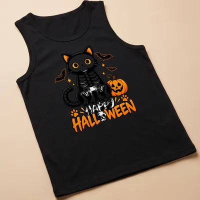 Cute cartoon black cat skeleton with pumpkins and Happy Halloween text. — printed on a tank top