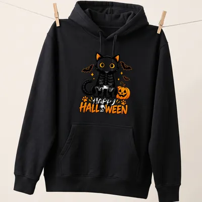 Cute cartoon black cat skeleton with pumpkins and Happy Halloween text. — printed on a unisex hoodie