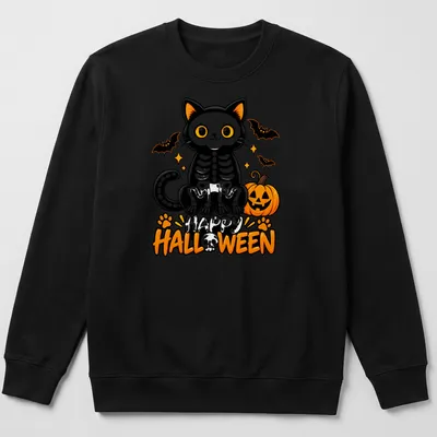 Cute cartoon black cat skeleton with pumpkins and Happy Halloween text. — printed on a unisex sweatshirt