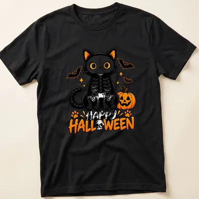 Cute cartoon black cat skeleton with pumpkins and Happy Halloween text.