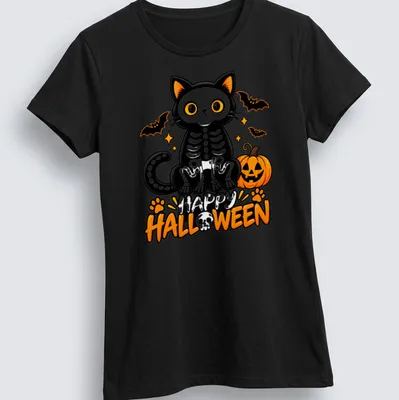 Cute cartoon black cat skeleton with pumpkins and Happy Halloween text. — printed on a women's shirt