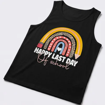 Colorful leopard rainbow design with text celebrating last day of school. — printed on a tank top
