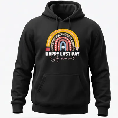 Colorful leopard rainbow design with text celebrating last day of school. — printed on a unisex hoodie