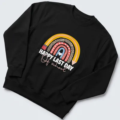 Colorful leopard rainbow design with text celebrating last day of school. — printed on a unisex sweatshirt
