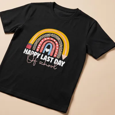Colorful leopard rainbow design with text celebrating last day of school.