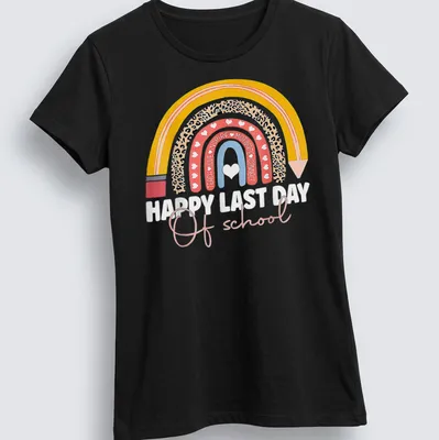 Colorful leopard rainbow design with text celebrating last day of school. — printed on a women's shirt