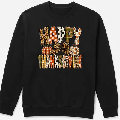 Leopard bow over pumpkins with "Happy Thanksgiving" text in festive colors — printed on a unisex sweatshirt