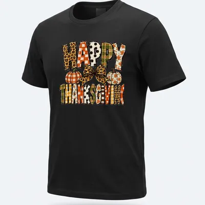 Leopard bow over pumpkins with "Happy Thanksgiving" text in festive colors