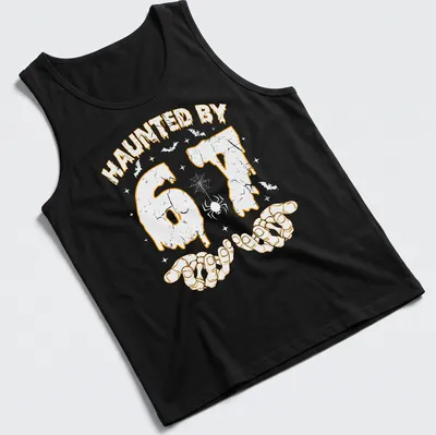 Halloween T-shirt with dripping text and skeleton hands design in orange — printed on a tank top
