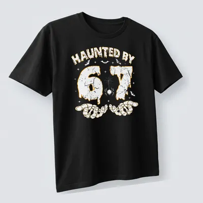 Halloween T-shirt with dripping text and skeleton hands design in orange — printed on a unisex t-shirt (angled view)