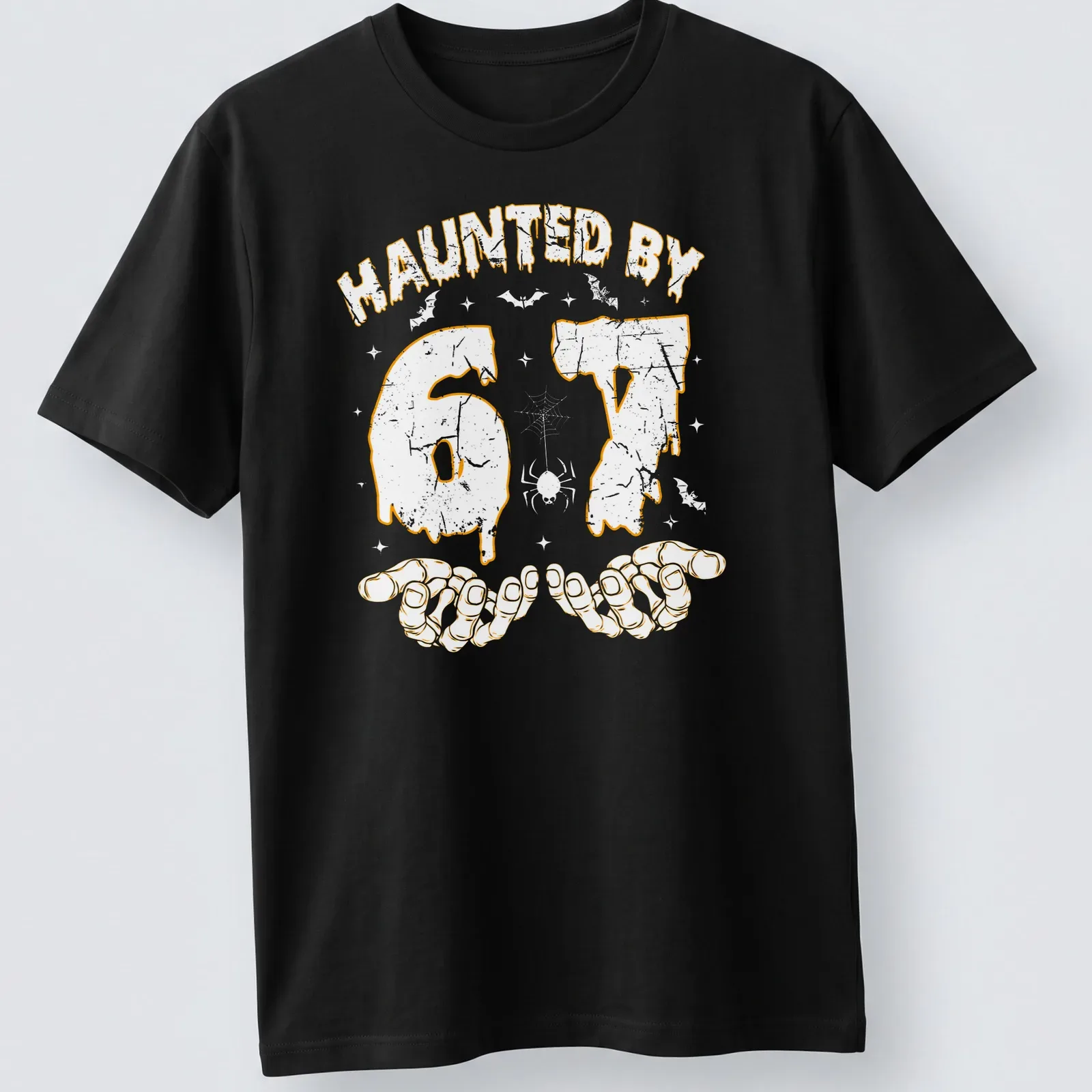 Halloween T-shirt with dripping text and skeleton hands design in orange — printed on a unisex t-shirt