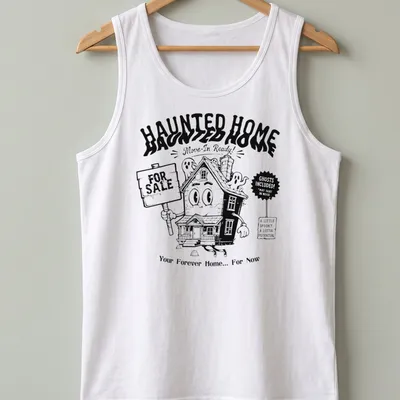 Kawaii line-art haunted house t-shirt with cheerful ghosts and playful text — printed on a tank top