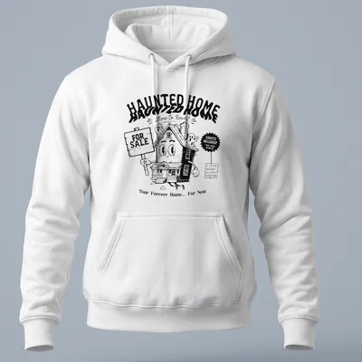 Kawaii line-art haunted house t-shirt with cheerful ghosts and playful text — printed on a unisex hoodie