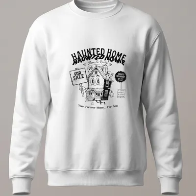 Kawaii line-art haunted house t-shirt with cheerful ghosts and playful text — printed on a unisex sweatshirt
