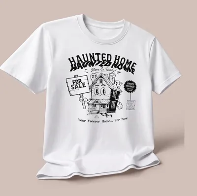 Kawaii line-art haunted house t-shirt with cheerful ghosts and playful text — printed on a unisex t-shirt (angled view)