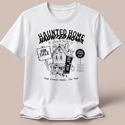 Kawaii line-art haunted house t-shirt with cheerful ghosts and playful text — printed on a unisex t-shirt