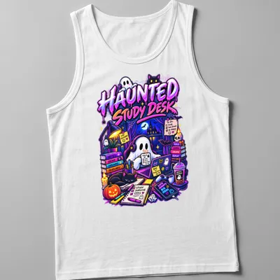 Colorful cartoon ghost at a study desk with Halloween vibes and text. — printed on a tank top