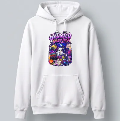 Colorful cartoon ghost at a study desk with Halloween vibes and text. — printed on a unisex hoodie