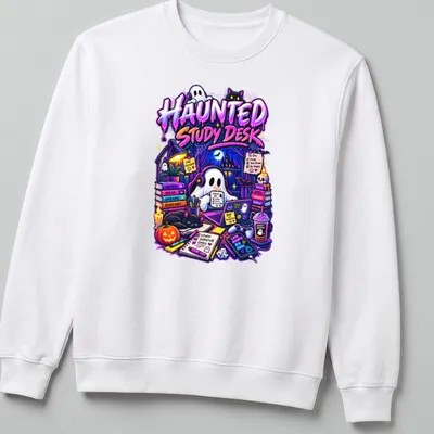 Colorful cartoon ghost at a study desk with Halloween vibes and text. — printed on a unisex sweatshirt