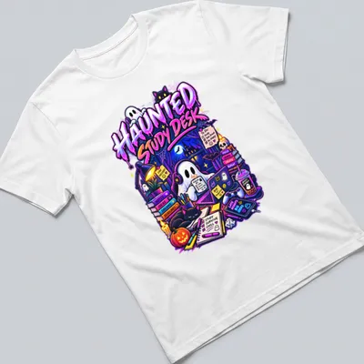 Colorful cartoon ghost at a study desk with Halloween vibes and text.